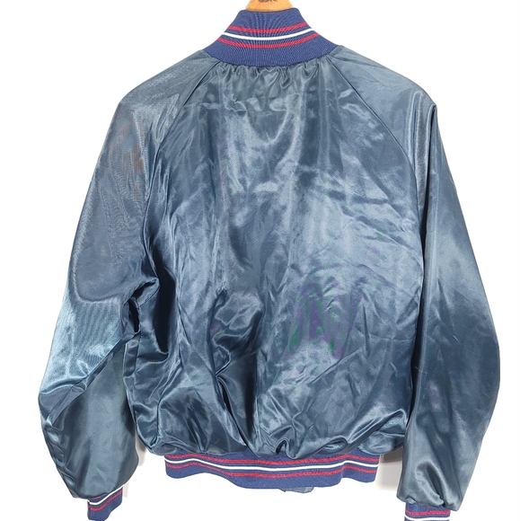 Vtg Bud Light Snap Front Satin Jacket Men's Large Navy Blue Nylon Distressed - Picture 6 of 14